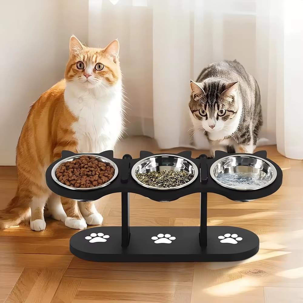 Elevated Black Cat Ear 3 Bowl Cat Feeder Solid Wood Frame and Stainless Steel Bowls Pet Feeding Rack for Indoor Multiple Cats
