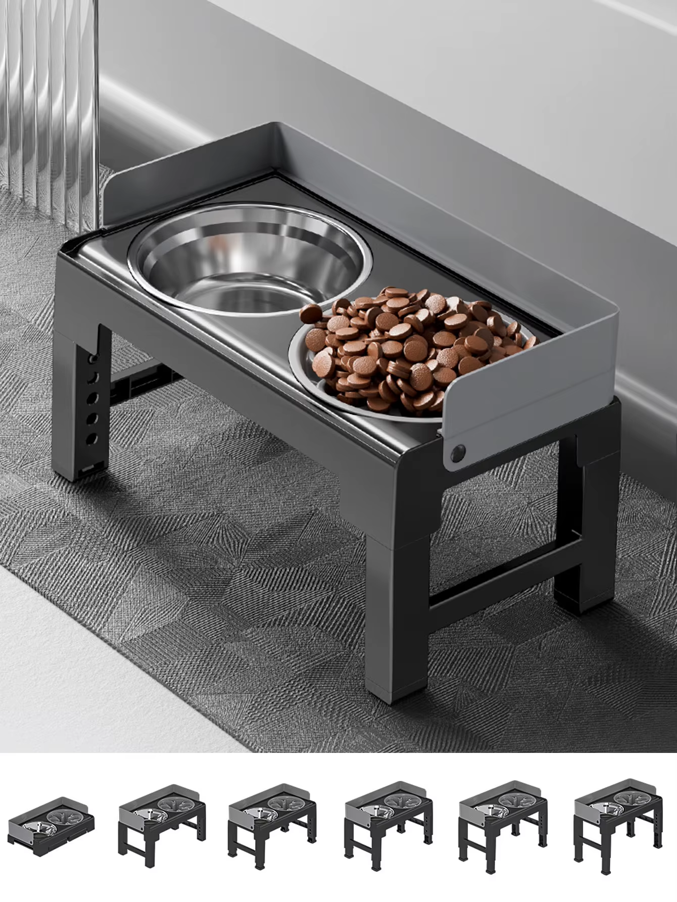 Raised Adjustable Height Dog Feeder Elevated Double Stainless Steel Pet Food Water Bowl Non‑Slip Base Anti‑Spill Design Ergonomic Dog Bowl Stand With Slow‑Feed Bowl For Small Medium Large Dogs Daily Feeding Supplies