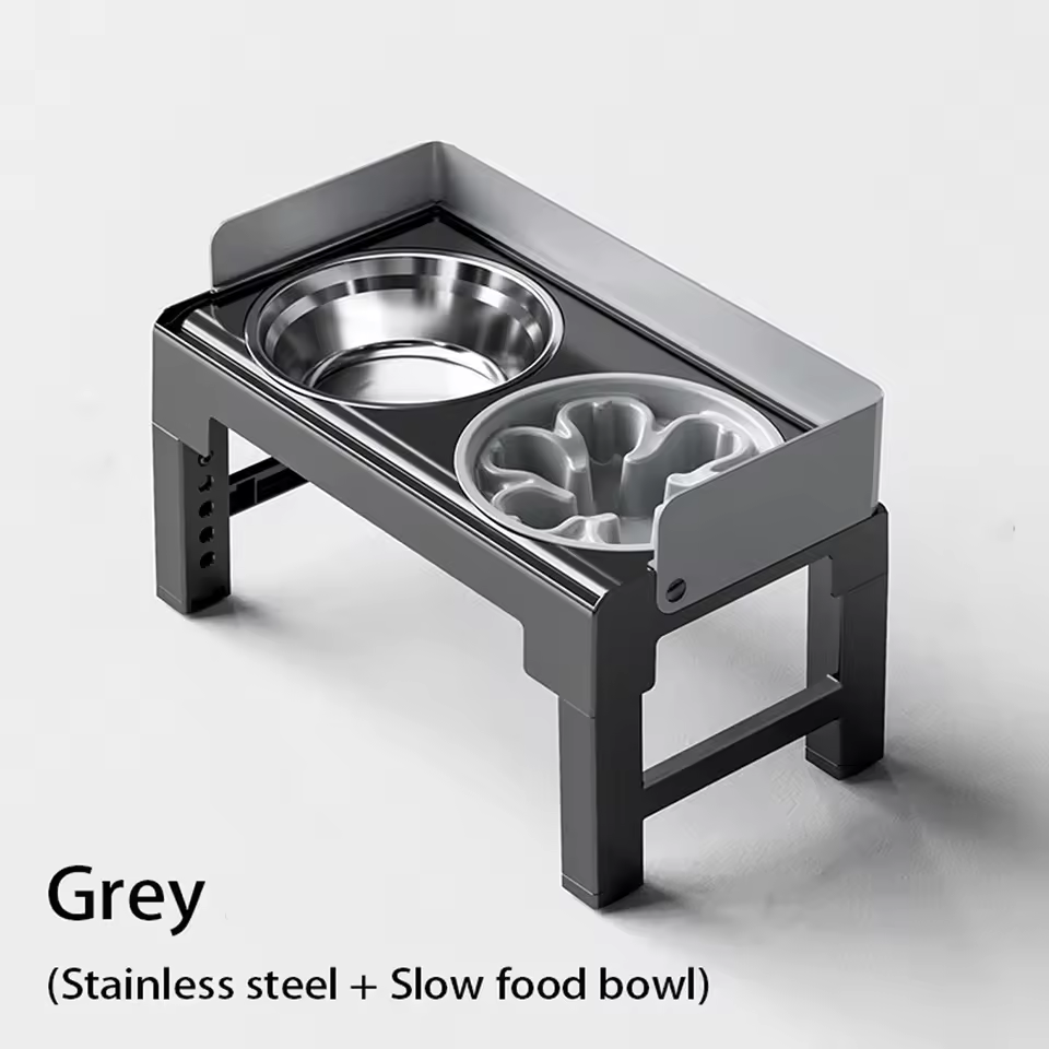 Raised Adjustable Height Dog Feeder Elevated Double Stainless Steel Pet Food Water Bowl Non‑Slip Base Anti‑Spill Design Ergonomic Dog Bowl Stand With Slow‑Feed Bowl For Small Medium Large Dogs Daily Feeding Supplies