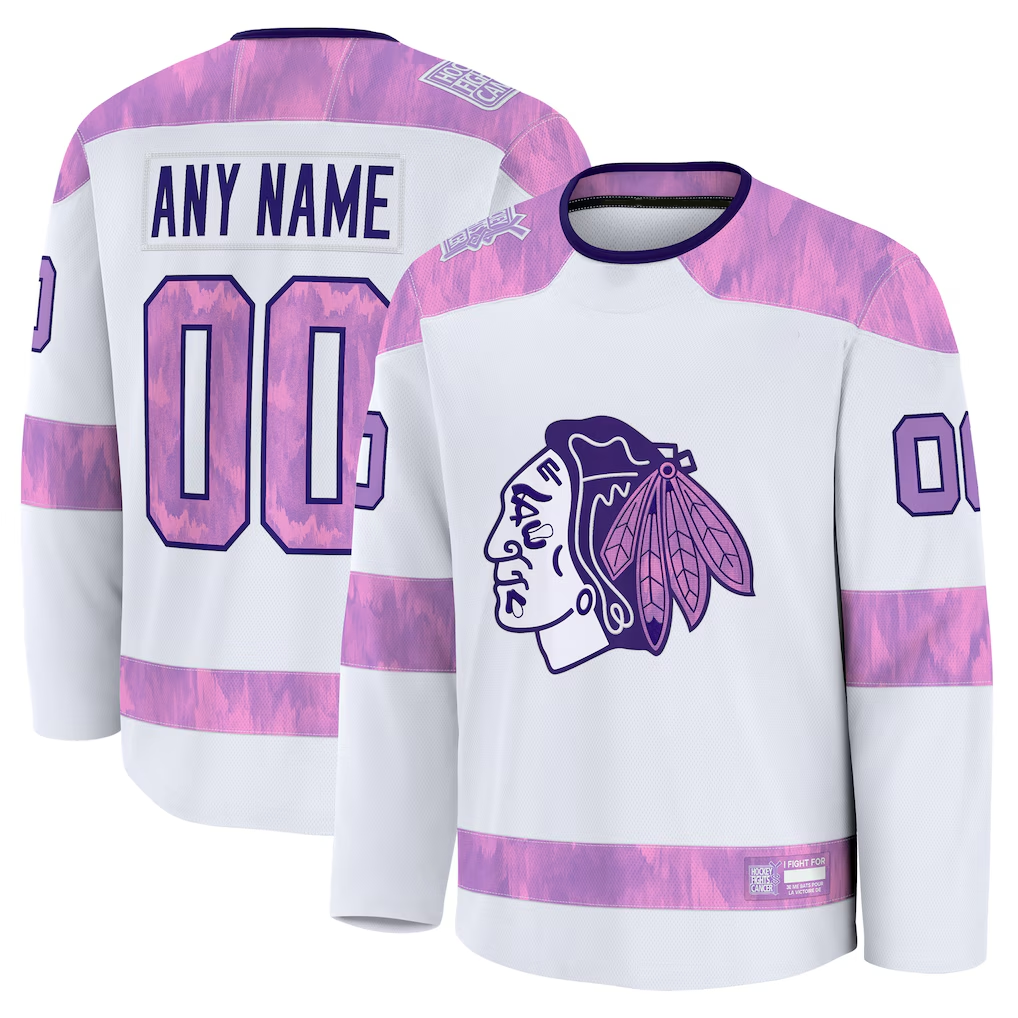 Kamcf Custom C.Blackhawks White 2024 Hockey Fights Cancer Practice Jerseys