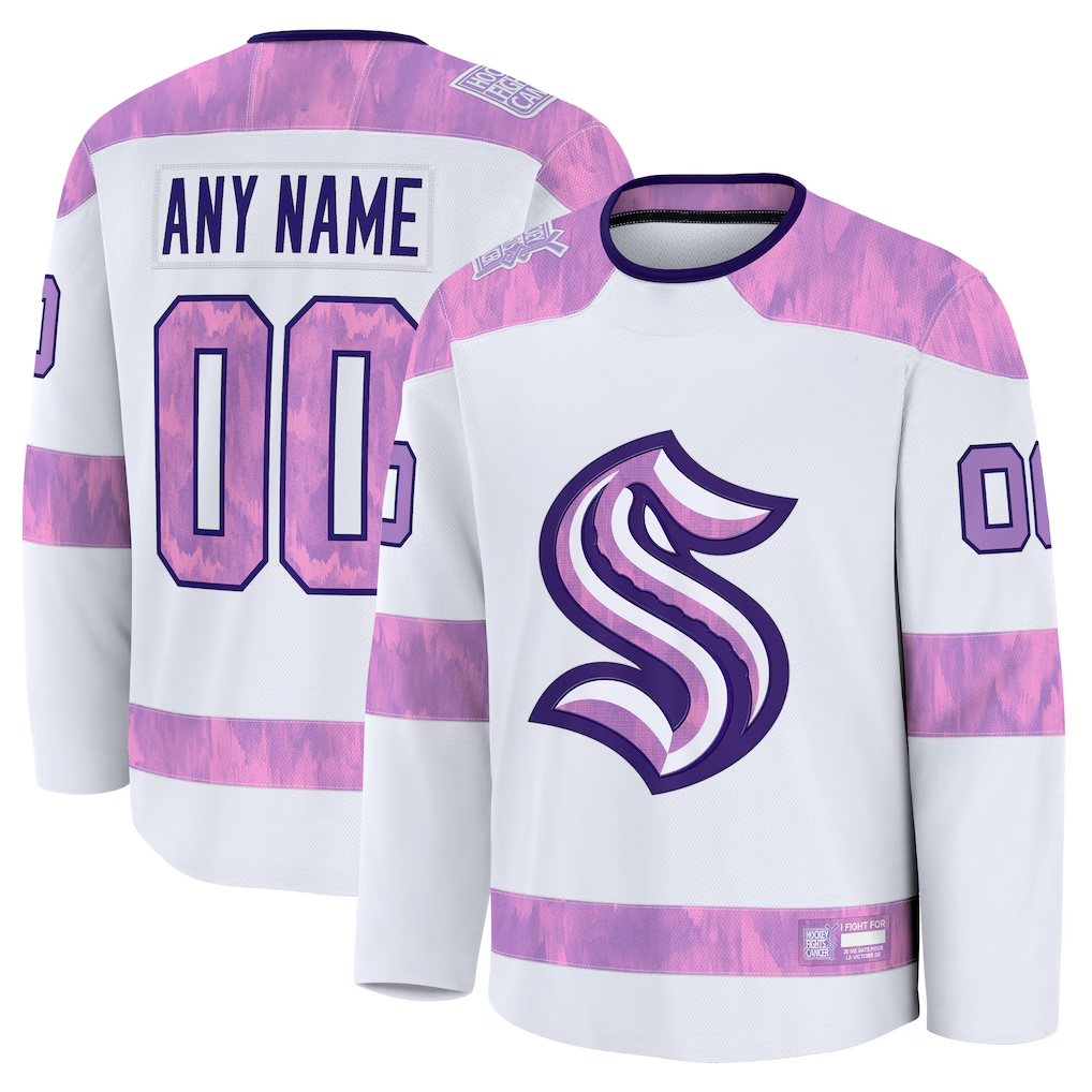 Kamcf Custom S.Kraken White 2024 Hockey Fights Cancer Practice Jerseys