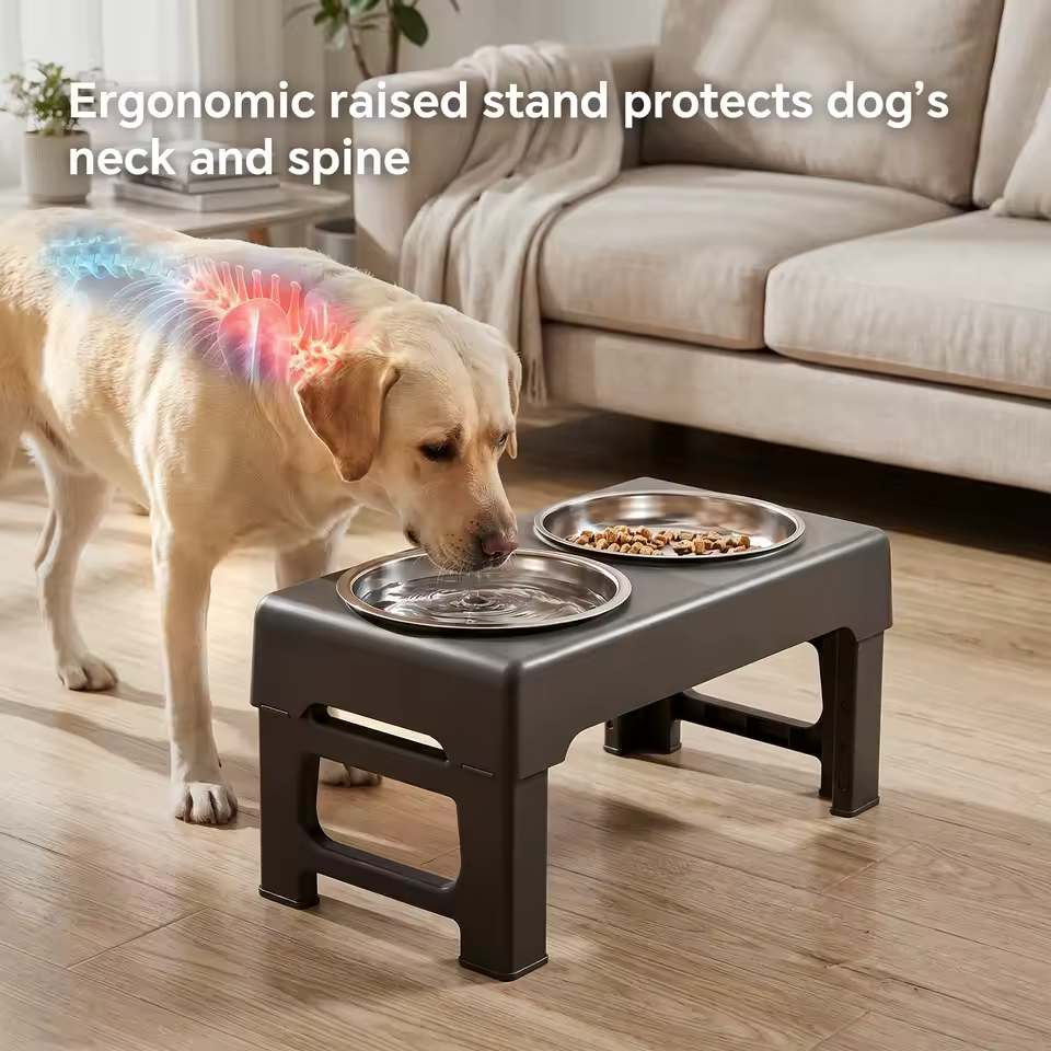Raised Adjustable Height Dog Feeder Elevated Double Stainless Steel Pet Food Water Bowl Non‑Slip Base Anti‑Spill Design Ergonomic Dog Bowl Stand With Slow‑Feed Bowl For Small Medium Large Dogs Daily Feeding Supplies