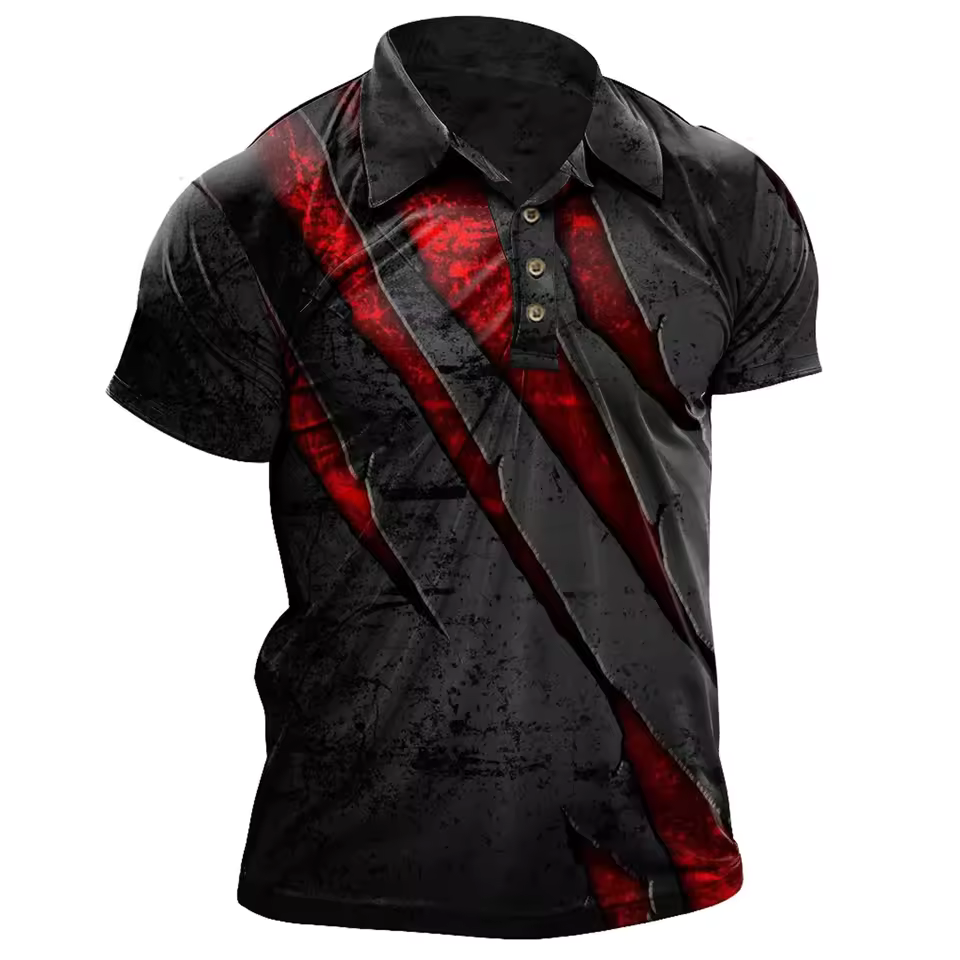 Vintage Men's Polo Shirt Scratch Print Casual Short Sleeve T-Shirt Lapel Buttons Golf Sport Shirt Fashion Oversized Men Clothing
