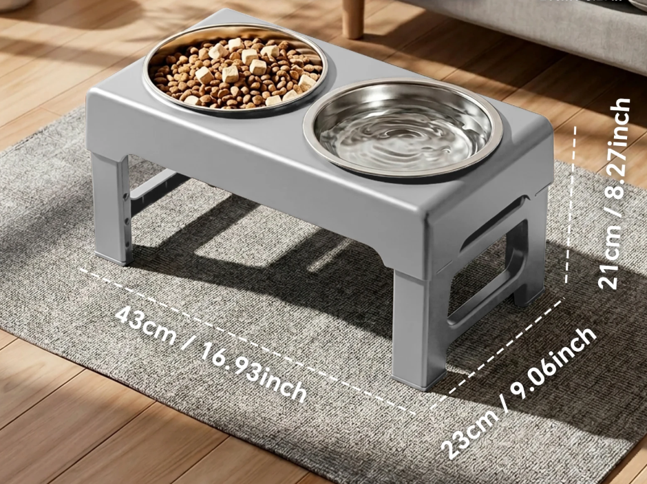Raised Adjustable Height Dog Feeder Elevated Double Stainless Steel Pet Food Water Bowl Non‑Slip Base Anti‑Spill Design Ergonomic Dog Bowl Stand With Slow‑Feed Bowl For Small Medium Large Dogs Daily Feeding Supplies